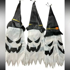 Halloween Decorations- 3 Large Ghosts w/ Light up Hats - 8”w x 30”h -  Brand New